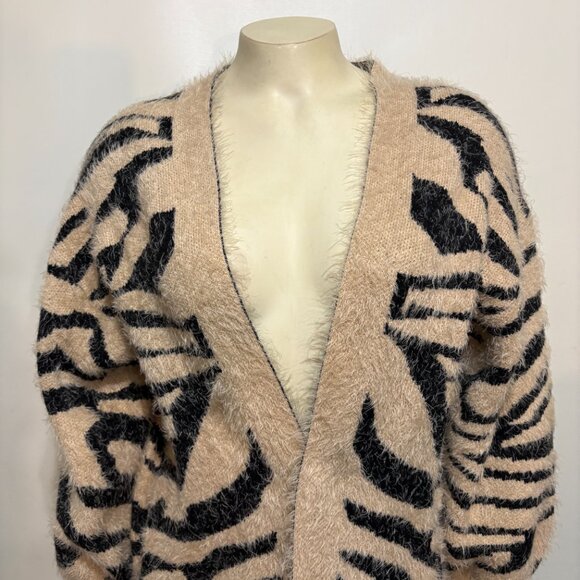 Lalavon S/M Beige Black Zebra Animal Print Long Open Fuzzy Cardigan Sweater - Picture 2 of 7